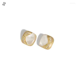 Stud Earrings Square Inlaid White Shell Retro Texture Fashion S925 Sterling Silver Ear Clip Niche Design Sense Gold-plated Pin