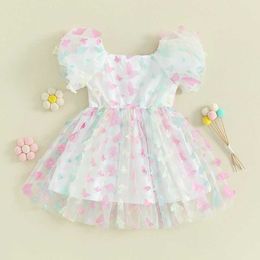 Girl's Dresses Girls Summer Casual A-Line Dress Kort ärm 3D Butterfly Decorated Tulle Princess Dress H240508