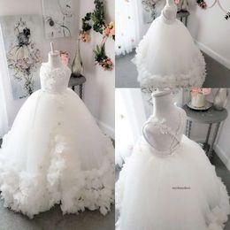 Lovely Ball Gown Flower Girl Jewel Neck Sleeveless Tulle Lace Crystal Wedding Dress Floor Length Girl's Birthday Part 0508