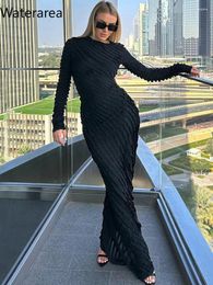 Casual Dresses Waterarea Women Long Sleeve Ruffles Striped O-neck Bodycon Midi Maxi Dress 2024 Autumn Vestidos Sexy Party Birthday