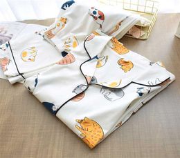 100 Cotton Pajamas For Women Cute Cat Print Cartoon Home Clothes 2Pcs Set Sleepwear Female TopsPants Nighties Pijama Suit 2111121430041