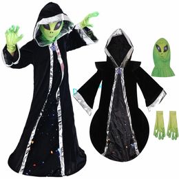 Green ET Alien Lord Costume Cosplay For Children Evil Witch Horror Scary Mask Suit Halloween Costume For Kids 240426