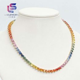 Gold Lab Sapphire Gemstone Sier Sterling Women Heart Tennis Rainbow Necklace