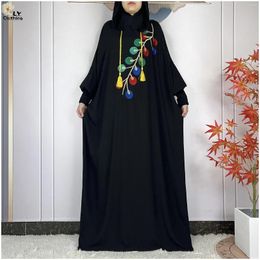 Ethnic Clothing 2024 Long Sleeved Ramadan Muslim Two Hats Abaya Dubai Turkey Islam Prayer Clothes Cotton Embroidery African Women Loose