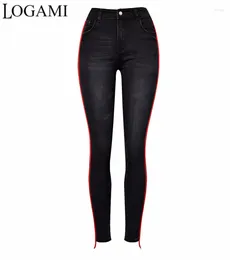 Women's Jeans LOGAMI High Waist Skinny Woman Black Denim Ladies Side Spliced Pencil Pants