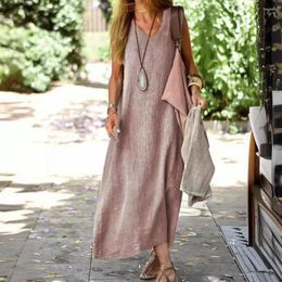 Casual Dresses Women Dress Stylish V Neck Maxi For Ankle Length A-line Beach Vacation Loose Comfortable Summer Solid Color