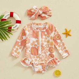 One-Pieces Baby Girl Swimwear Romper Summer Floral Long Sleeves Ruffled Swimsuits and Headband Set for Toddler Bathing Suits Beachwear H240508