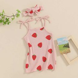 Girl's Dresses Tregren Baby Girl Strawberry Print Dress Cute Lace up Sleeveless Tank Top with Headband 2-piece Summer Baby Clothing SetL240508