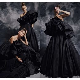Modest Customised Ball Black Evening Dresses Sleeveless Strapless Formal Dress Satin Ruched Floor Length Party Bridesmaid Gown 0508
