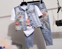 Denim Jeans Pants Set Women Two Piece Sets 2020 Spring Autumn New Studded Beaded Embroidered Vest Jeans Suit Waistcoat and9949023