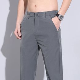 Brand Clothing Spring Summer Casual Men Ultra Thin Ice Silk Cool Pants Elastic Waist Grey Straight Business Male Trousers 240428