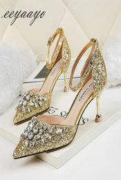 2020 New Summer Women Sandals High Thin Heel Pointed Toe Buckle Bling Crystal Party Bridal Wedding Women Shoes Gold High Heels5291675