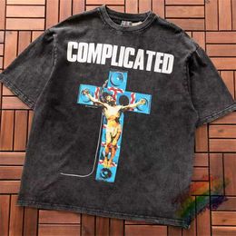 Men's T-Shirts Cross Figure Print Slogan T Shirt Men Women Hip Hop Vintage Washed Grey Saint T-Shirt T T240508