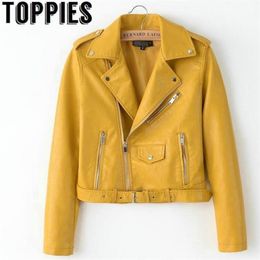 Spring Bright Yellow Women PU Leather Jackets Zipper Leather Coat Turndown Collar Female PU Jackets Pink Black Color T200212 3073