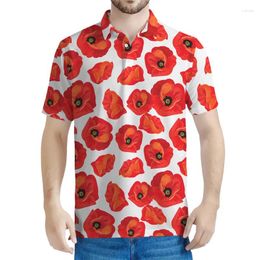 Men's Polos Retro Red Flower Graphic Polo Shirt Men Women 3d Printed Floral T-shirt Tops Summer Loose Short Sleeves Casual Button Tee Shirts