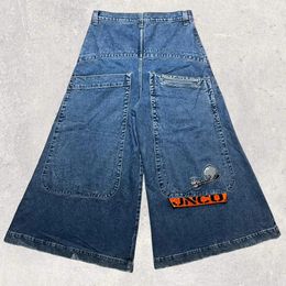 Retro High Waisted JNCO Wide Leg Trousers Y2K Mens Big Pocket Fashion Hip Hop Blue Jeans for Women Baggy Jeans Skateboard Pants 240429