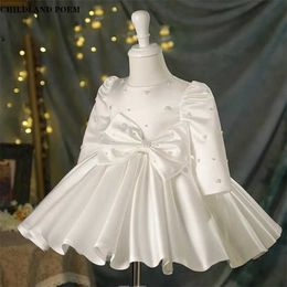 Christening dresses First baby dress pearl long sleeves baptist bow TuTuTu princess party and wedding Q240507