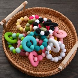 Baby Nursing Bracelets Teether Toys Silicone Beech Ring Beads Teething Wood Rattles Fidget Toys Newborn Accessories BPA Free 11 colors