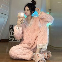 Women's Sleepwear Winter Women Thickened Coral Fleece Pajamas Female Pure Desire Lace Jacquard Flannel Homewear Suit Casual V-neck Warm