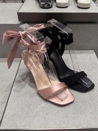 Dress Shoes Summer Square Toe Sandals Pink Bow-knot Female Pumps Slingback Fine Heels Zapatos Mujer Ankle Strap Women