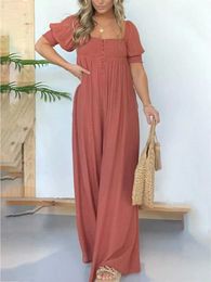 Women's Jumpsuits Rompers Women Solid Wide Leg Jumpsuits Lantern Sle Square Neck Overalls Spring Summer Short Sle Loose Boho Holiday Ladies Jumpsuit d240507
