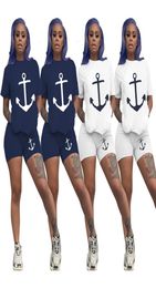 Women Anchor Print Outftis Solid Colour Tracksuit Short Sleeve 2 Piece Set Sportswear TshirtsShorts Jogger Suit Summer Casual Clo6634468