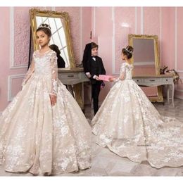 Lovely Ball Gown Flower Girl Jewel Neck Long Sleeve Applique Wedding Dress Sweep Length Girl's Birthday Part 0508