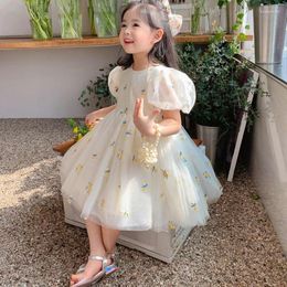 Girl Dresses 1-6Y Summer Elegant Fashion All Match Princess Dress Print Korean Vintage Cute Kids Kawaii Embroidery Children's Clothes