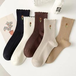Women Socks Cute Medium Tube Tulip Embroidery Small Flowers Japanese 3D Relief Jacquard Breathable Cotton Four Seasons