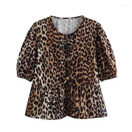Women's Blouses 2024 Leopard Print Lace Up Shirt Blouse Women Vintage Puff Sleeve O Neck Summer Tops Streetwear Ropa De Mujer