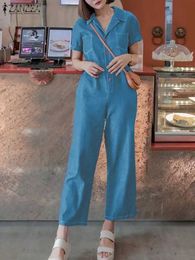 Women's Jumpsuits Rompers ZANZEA Women Short Sles Fake Pocket Jumpsuit Buttons Solid Trousers Outfits Streetwear Korean Casual Shirt Collar Contrast d240507