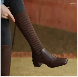 Boots Sexy Autumn Women Knee High Socks Stretch Platform Square Head Chunky Heel Long Large Size