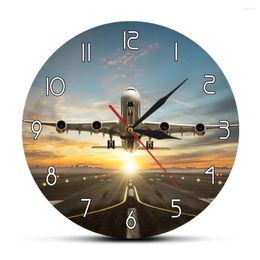 Wall Clocks Commercial Jetliner Plane Acrylic Printed Clock Aeroplane Taking Of Runway With Sunset Light View Modern Home Decoration