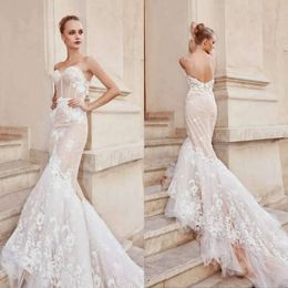 Mermaid Dress Appliqued Sweetheart Train Backless Sweep Lace Bridal Gowns With Boning Illusion Wedding Dresses es