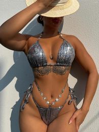 Women's Swimwear Sexy Sequin Rhinestone Metallic Halter Bikinis Sets 2024 Women Two Pieces Tie Thong Swimsuits Beachwear Bathing Suits