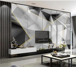 Modern simple threedimensional geometric gold line gray and white marble TV background wall 3d wallpapers4031985