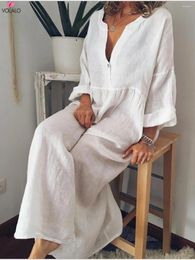 Casual Dresses White Linen Long Dress Women Summer Loose Maxi Thin V Neck Black Robe Female Fashion Beach Style Swing Streetwear