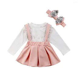 Clothing Sets CitgeeToddler Kids Girls Lace White Long Sleeves Tops Sequin Strap Pink Skirt 3Pcs Outfits Autumn Set Clothes