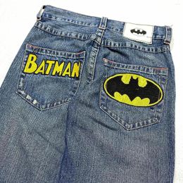Men's Jeans Streetwear Y2K Harajuku Hip Hop Bat Graphic Embroidery Retro Blue Baggy Mens Womens High Waist Wide Leg Trouser
