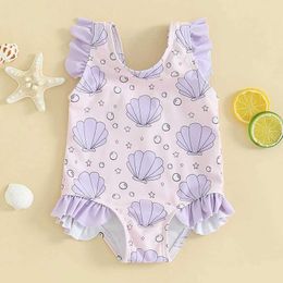 One-Pieces 0-3Y Infant Toddler Baby Girl Swimsuit Sleeveless Round Neck Shell Star Print Frill Trim Bathing Suit Summer Beach Wear H240508
