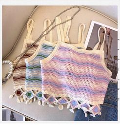 Women's Tanks Women Summer Hollow Out Crochet Crop Female Knit Striped Tassels Boho Camisole Ladies Sleeveless See-Through Tank Tops
