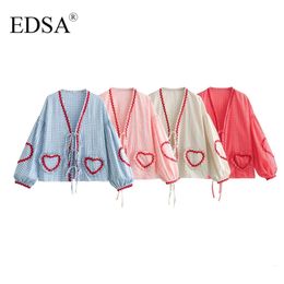 EDSA Women Elegant Plaid Shirt Lace Up Long Puff Sleeve V-Neck Love Print Female Blouse Summer Lady Chic Soft Tops 240507