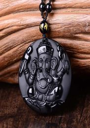 Natural Black Obsidian Carved Ganesh Elephant Lucky Pendants Necklace Fine Stone Crystal Fashion woman man Amulet Jewelry14097122
