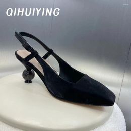 Dress Shoes 2024 Est Handmade Woman Velvet Round-Toe Strange Style Sandals Slingback Heels Mules Office Lady Pumps