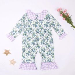 Clothing Sets Baby Girl Clothes Fall Fshion Style Children Purple Floral Bubble Cotton Boutique Sweet Ropmer With Green Printing For 0-3m