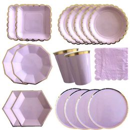 Disposable Dinnerware Gold disposable tableware set purple party paper cup board baby shower birthday supplies carnival wedding decoration discount Q240507