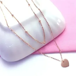 Chains Plated 14K Rose Gold Smooth Heart Pendant Round Bead Double Set Of Necklace Romantic Wedding Jewelry