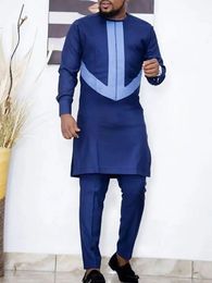 Kaftan Summer Mens Suit Round Neck Long-sleeved Top Pants African Round Traditional Outfit National Style In 240521