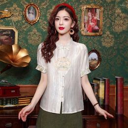 Women's Blouses Chiffon Embroidery Shirt Summer Chinese Style Women Loose Short Sleeve Vintage Tops Fashion Clothing YCMYUNYAN