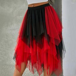 Skirts Women Midi Summer Contrast Color/Solid Color Elastic High Waist Irregular Ruffles Multi-Layered Tulle Tutu